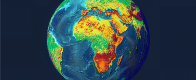 Colorful topographic map of Earth centered on Africa and Europe, showcasing varying elevations in bright hues against a dark blue background.