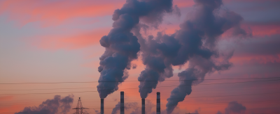 Industrial smokestacks release smoke against a colorful sunset sky, with power lines in the foreground.