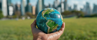 A hand holding a globe against a blurred city skyline background.
