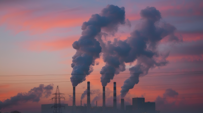 Industrial smokestacks release smoke against a colorful sunset sky, with power lines in the foreground.