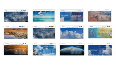 Grid of twelve weather website homepages, each displaying forecast information and various background images of skies, landscapes, or satellite views.