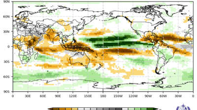 World map showing probabilistic forecast of precipitation for June-August 2026, with regions marked as below-normal, near-normal, or above-normal rainfall.
