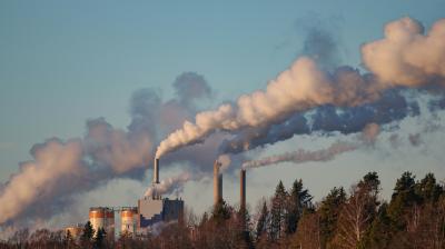 Industrial facility with multiple smokestacks emitting large plumes of smoke above a forested area under a clear sky.