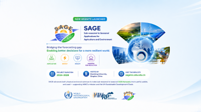SAGE project promotional graphic showing its logo, application icons, project details, and a globe with climate and agriculture imagery. New website launch is highlighted.