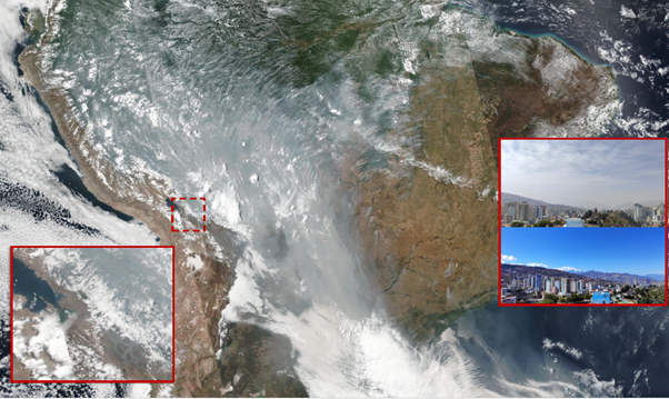 Satellite view of South America with smoke from fires. Insets show cityscapes with clear and hazy skies.